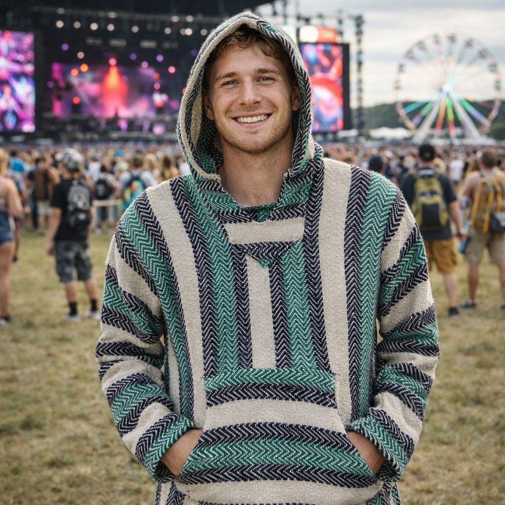 Baja Joe Hoodie Drug Rug Mens XL Green White Soft Knit Cotton Striped Outerwear